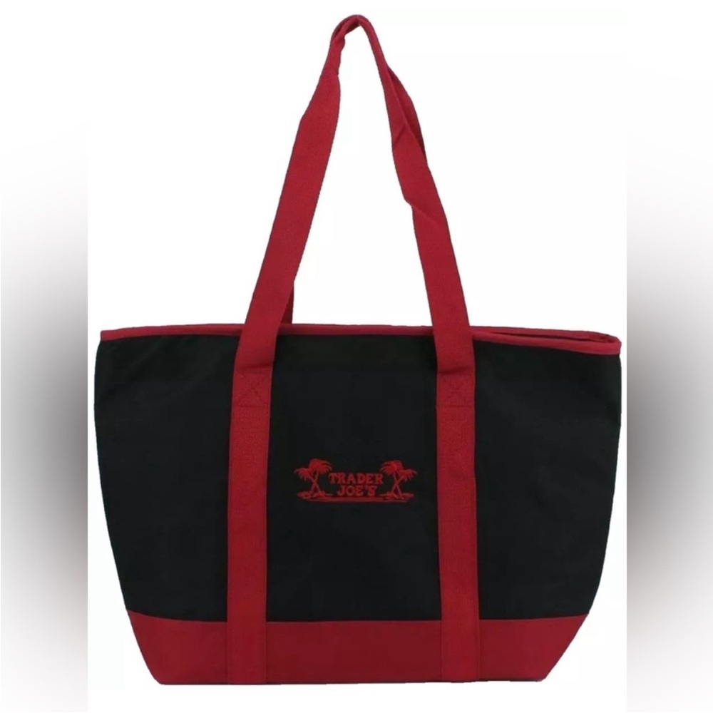 Trader Joes Insulated Reusable Shopping Tote Bag Zip Top Black Red Embroidered - Picture 2 of 9